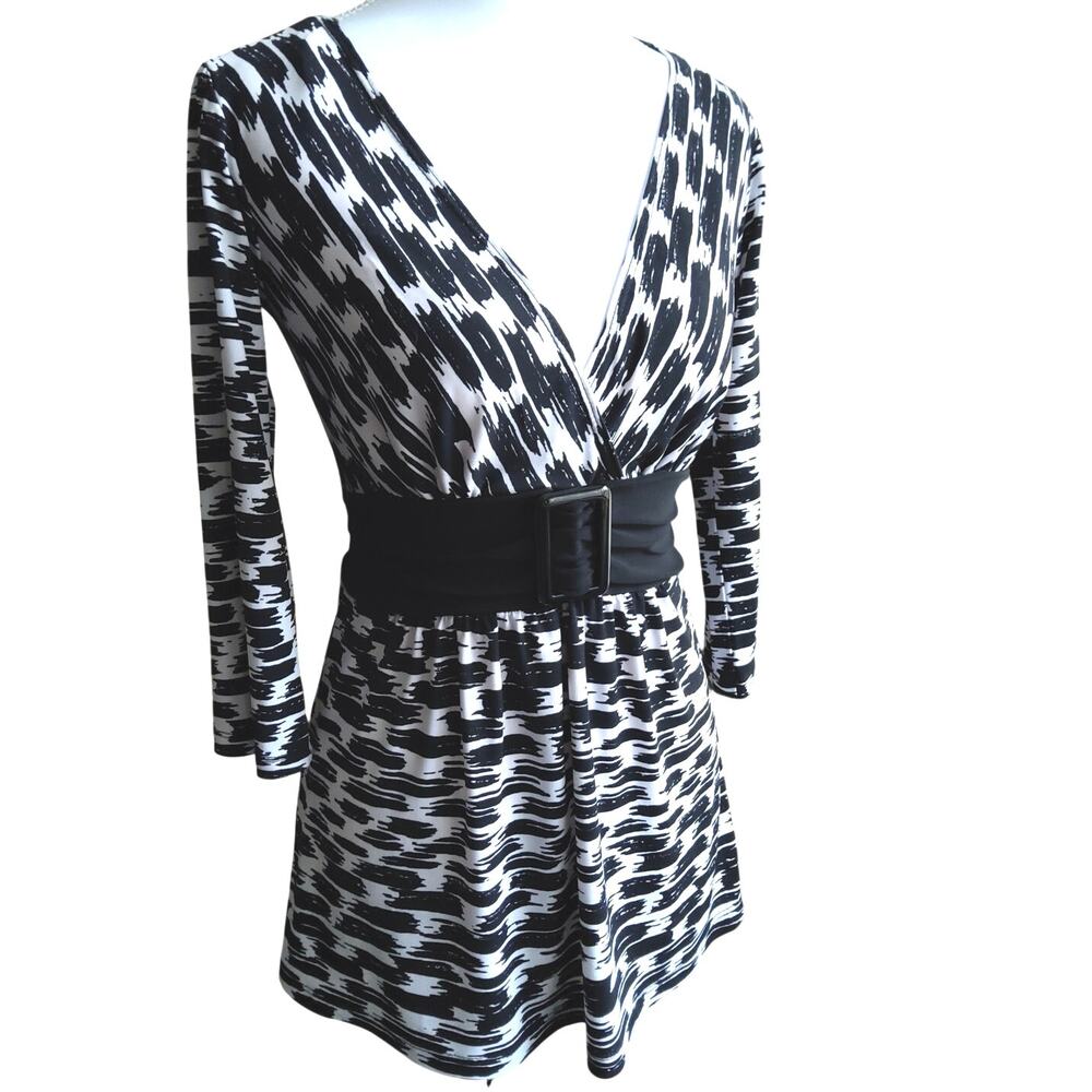 Y2K rare Wrapper blouse dress sz Small blk white belted V neck 3/4 sleeve retro